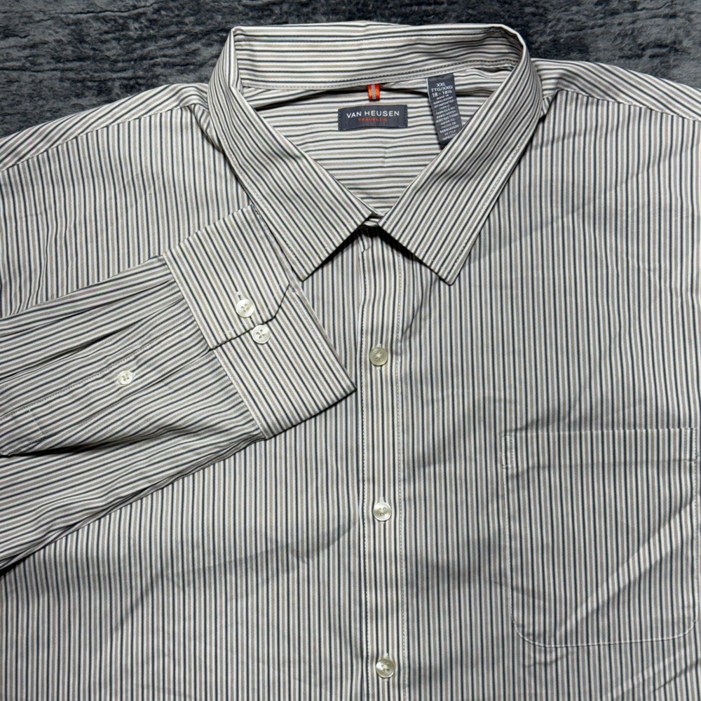 Van Heusen Button Front Shirt Men XXL Grey‎ White Striped 5026184